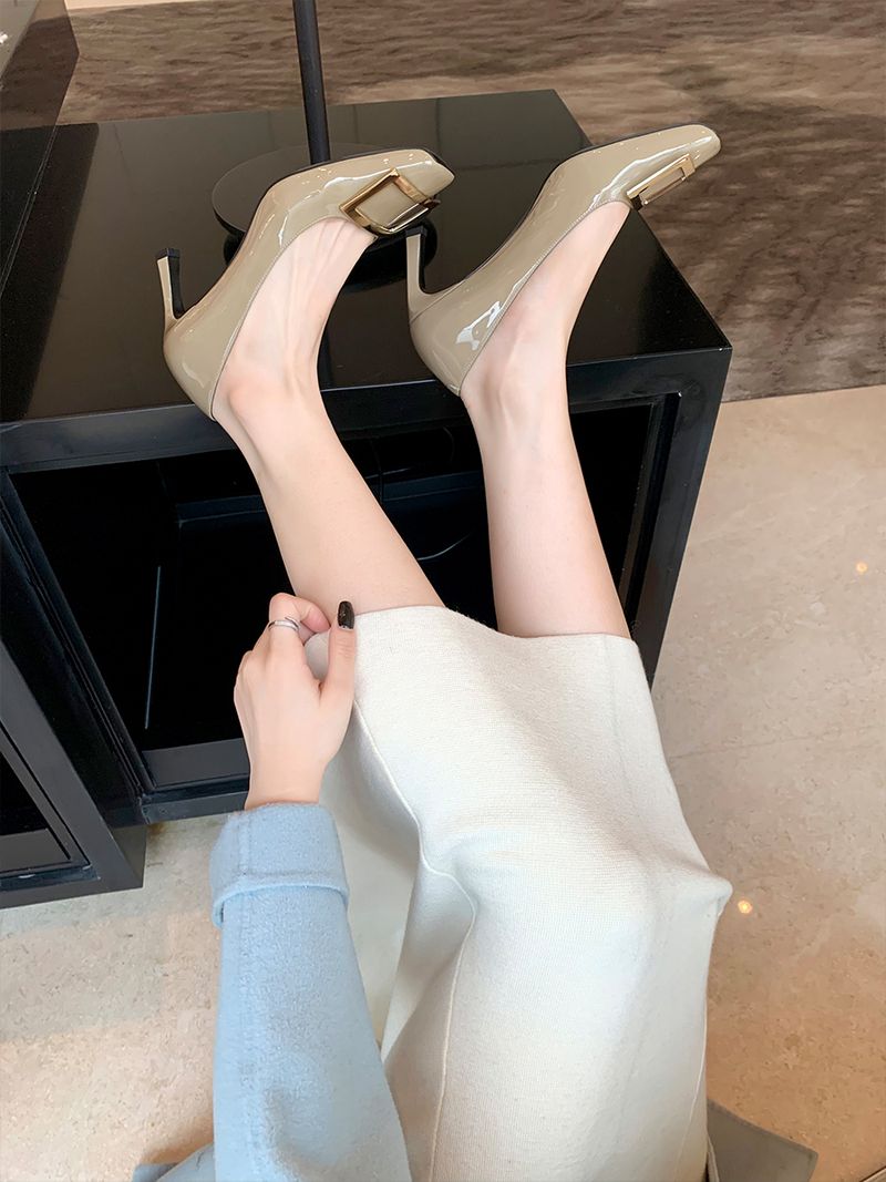 Instant Dispatch~ Grape Mom French Style Evening Wind Buckle Stiletto Heel Square Toe Shallow Mouth Commuter Single_voghion.com