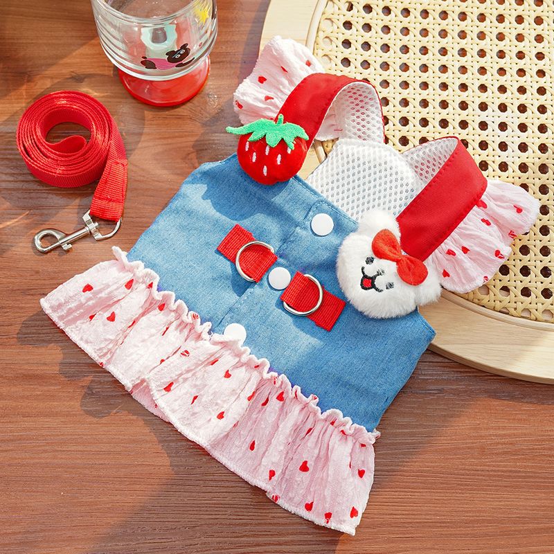 Pet Harness Cat Small Medium Dog Clothes Leashable Teddy Bichon Pomeranian Denim Plush Dress_voghion.com