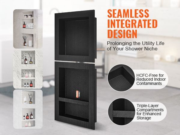 VEVOR Shower Niche Ready For Tile 16" X 16" & 16" X 20", Triple Shelf Organizer, Square Corners Wall-inserted Niche Recessed, Sealed Protection Modern Soap Storage Niche For Shower Bathroom, Black_voghion.com