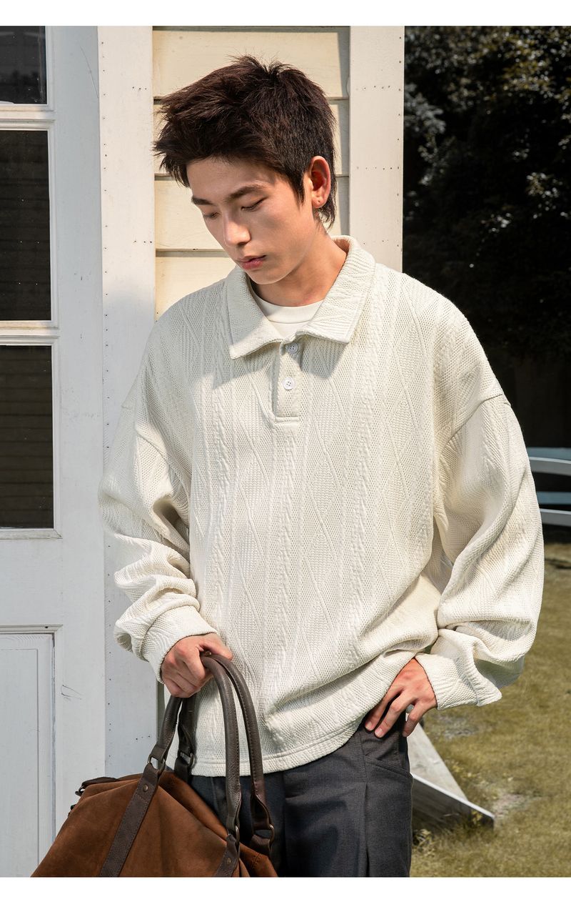 Felpa con colletto polo pesante di ispirazione vintage per uomo - Pullover a maniche lunghe in jacquard testurizzato con stile retrò (nero, bianco sporco)_voghion.com