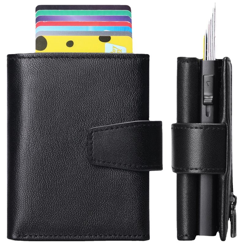 Cartera de cuero para hombre, capa superior de piel de vaca, tarjetero automático de aleación de aluminio, clip para billetes multifuncional para hombre_voghion.com