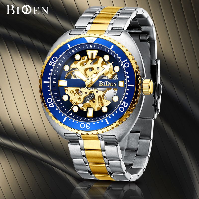 Montre mécanique classique BIDEN pour homme, marque de luxe, automatique, lunette rotative, cadran lumineux, livrée avec un écrin_voghion.com