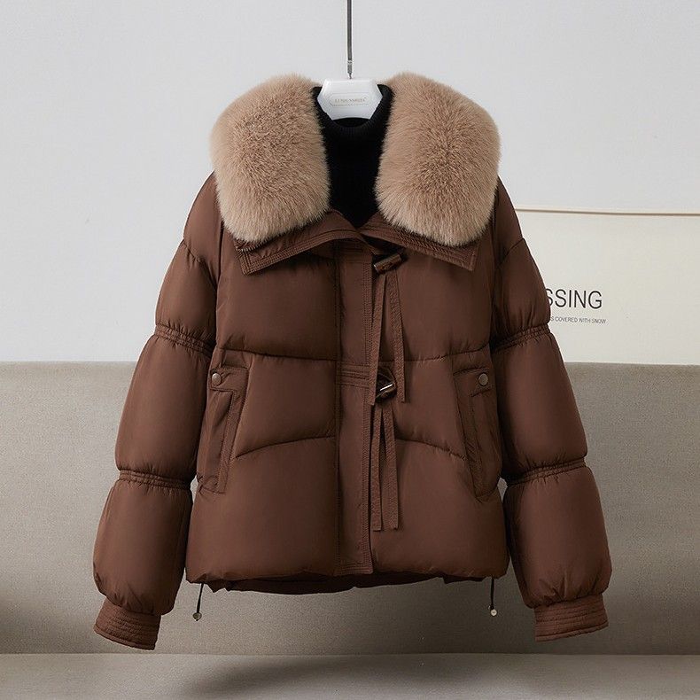 Women's Clothing Women's Faux Fur Trim Hooded Puffer Jacket Winter Coat Warm Outerwear With Detachable Rabbit Fur Collar_voghion.com