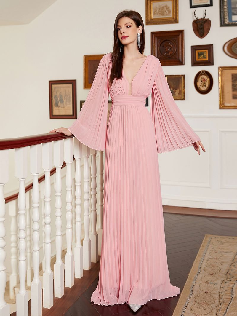 Robe de soirée longue élégante à col en V pour femme - Robe trapèze longue au sol avec volants, décolleté en V profond et manches longues pour banquet ou bal de fin d'année_voghion.com