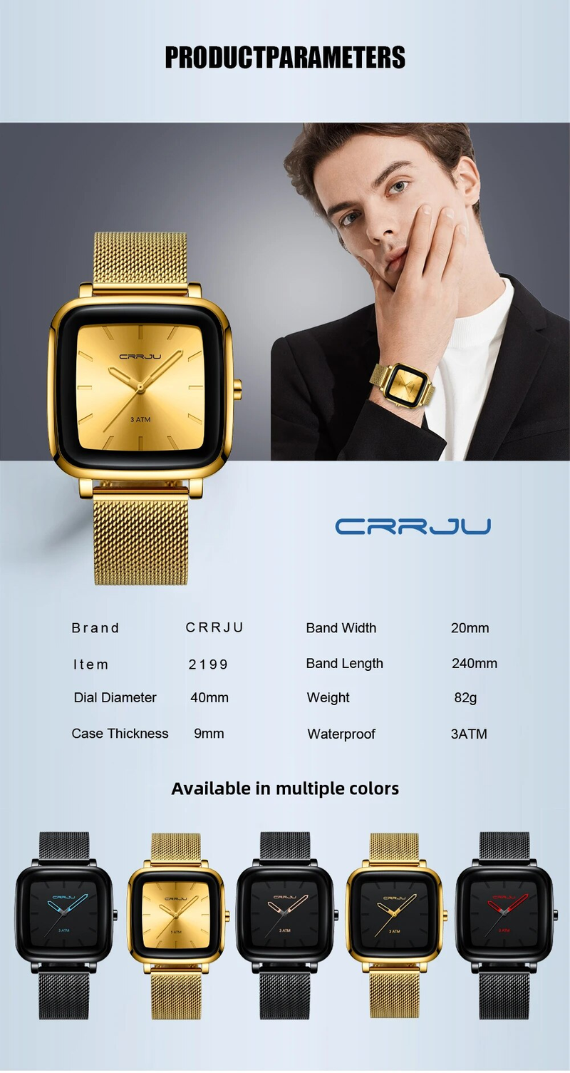 CRRJU Orologi da uomo Top Brand Luxury Square Golden Quartz Casual Slim Mesh Steel Waterproof Watch Relogio Masculino_voghion.com