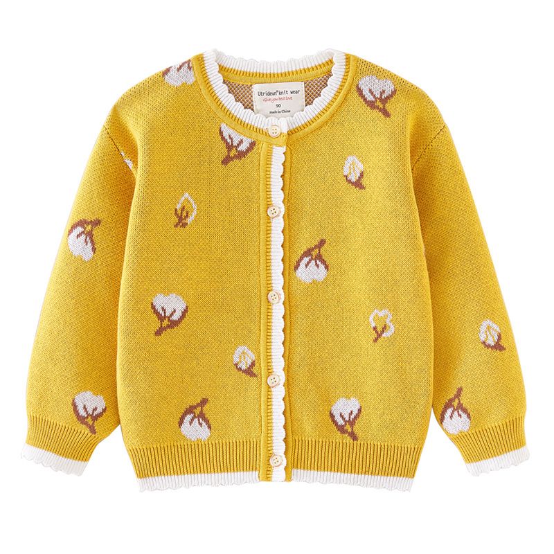 Cardigan in morbido cotone jacquard per bambine - Maglione lavorato a maglia a maniche lunghe con scollo rotondo e bottoni - Caldo ed elegante per bambini e bambine (80-140 cm, giallo)_voghion.com