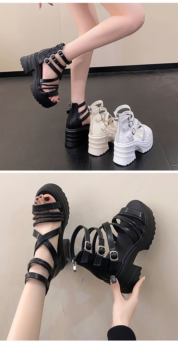 Sandale damă cu toc gros, stil gladiator roman, cu barete și toc înalt, platformă gotică, vârful deschis, pantofi cu cage_voghion.com