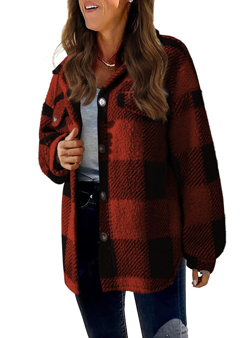 Veste Sherpa à carreaux pour femme automne et hiver avec poche boutonnée en peluche_voghion.com