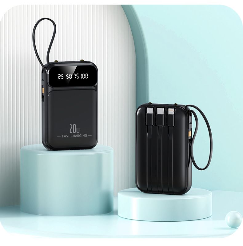 Banco de energia portátil ultrafino de 20.000 mAh com cabos integrados e lanterna LED, mini bateria externa para iPhone e Android_voghion.com