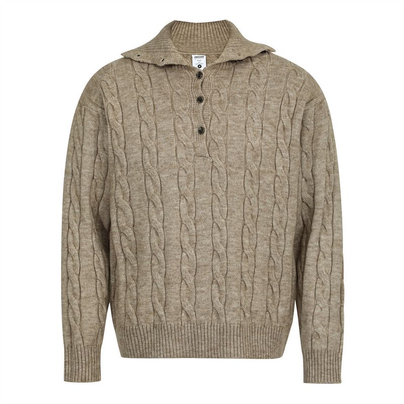 Men's Half-Button High Neck Sweater - Oversized Cable Knit Pullover, Loose Fit Casual Top With Textured Ribbed Design (Khaki/Gray, Sizes M-XL)_voghion.com