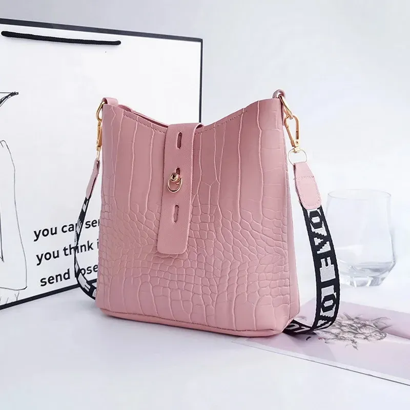 Borsa a tracolla alla moda con nastro stampato, tracolla a secchiello, alta capacità, da donna, 250314l_voghion.com