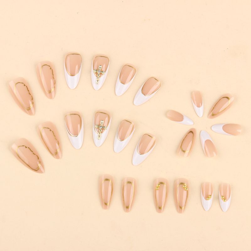 False Nails Wearable Nails White French Point Diamond Nail Art Simple Advanced False Nails Gold Line Classic Nail Tips_voghion.com