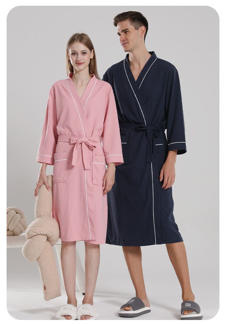 Bata de baño ultrasuave con tejido gofrado para mujer y hombre: bata de spa ligera de manga larga, de secado rápido, cómoda y para estar en casa._voghion.com