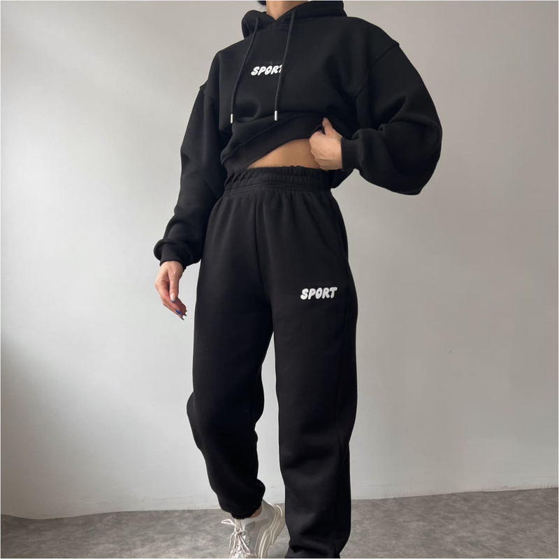 Women’s Printed Hoodie & Jogger Pants Set (Breathable Spandex, Charcoal/Black/Beige/Coffee/Navy, S/M/L/XL, Streetwear Athleisure)_voghion.com