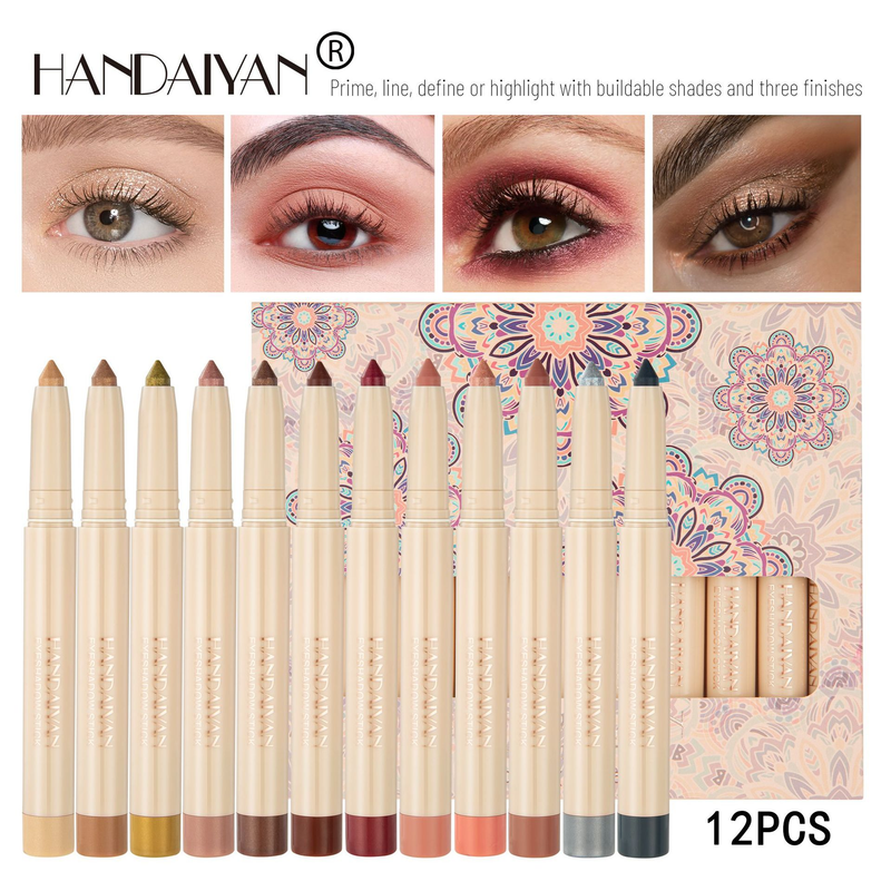 12-Color Eyeshadow Stick Set - Dual-Ended Creamy Formula, Rainbow & Neutral Shades, Travel-Friendly With Sharpener_voghion.com