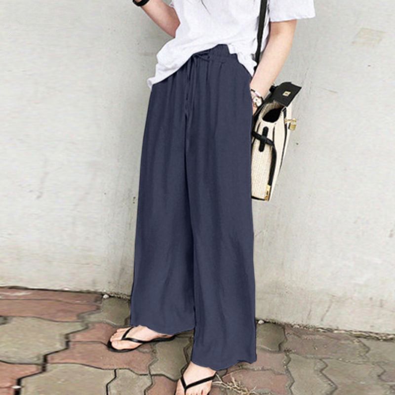 Pantaloni a gamba larga da donna, pantaloni di lino da donna alla moda a vita alta, pantaloni larghi casual in tinta unita all'ingrosso_voghion.com