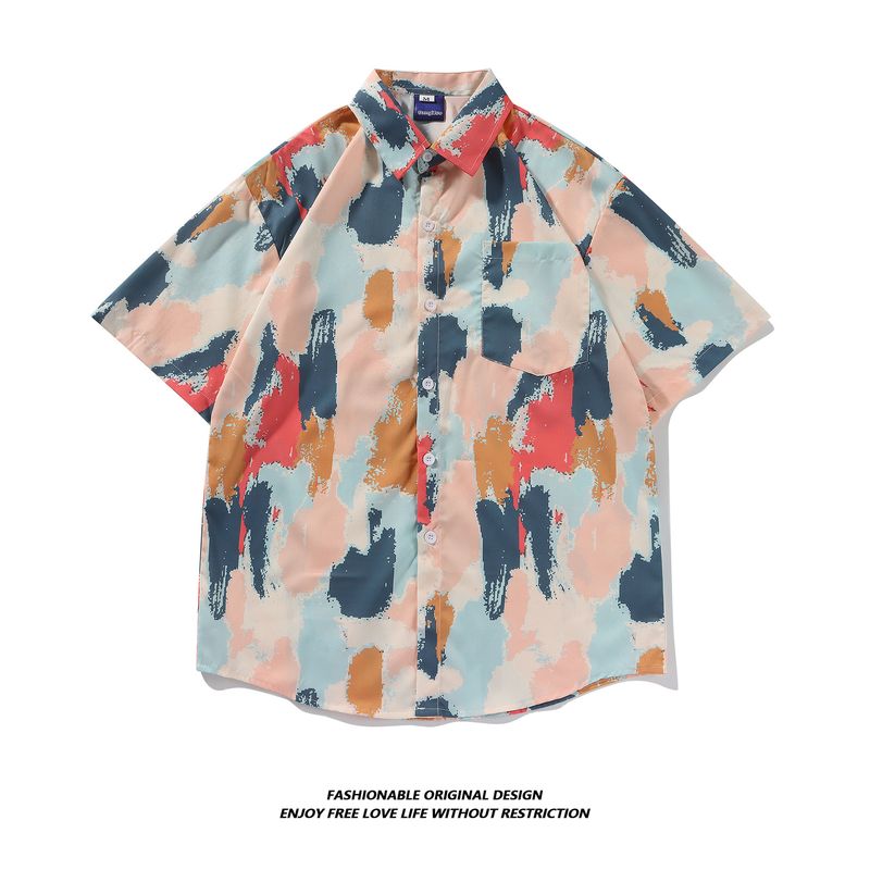 Tie-Dye Herren Kurz Sommer Dünn High-End Cool Fünfviertel Ärmel Shirt Lose Jacke Trendy_voghion.com