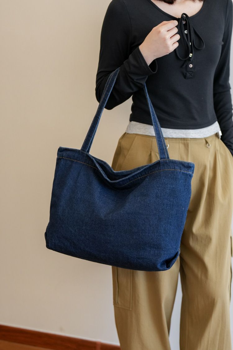 Denim Bag Women's Shoulder Bag Large Capacity Solid Color Washed Denim Bag Student Commuter Shoulder Bag Female Art Casual Handbag_voghion.com