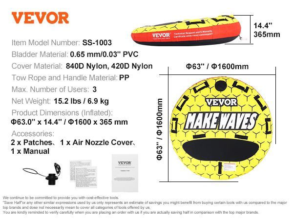 VEVOR Towable Tube For Boating, 1-3 Riders Inflatable Boat Tubes And Towables, 510 Lbs, 63" Round Water Sport Towable Tubes For Boats To Pull, Full Nylon Cover, EVA Grab Handles And Speed Safety Valve_voghion.com