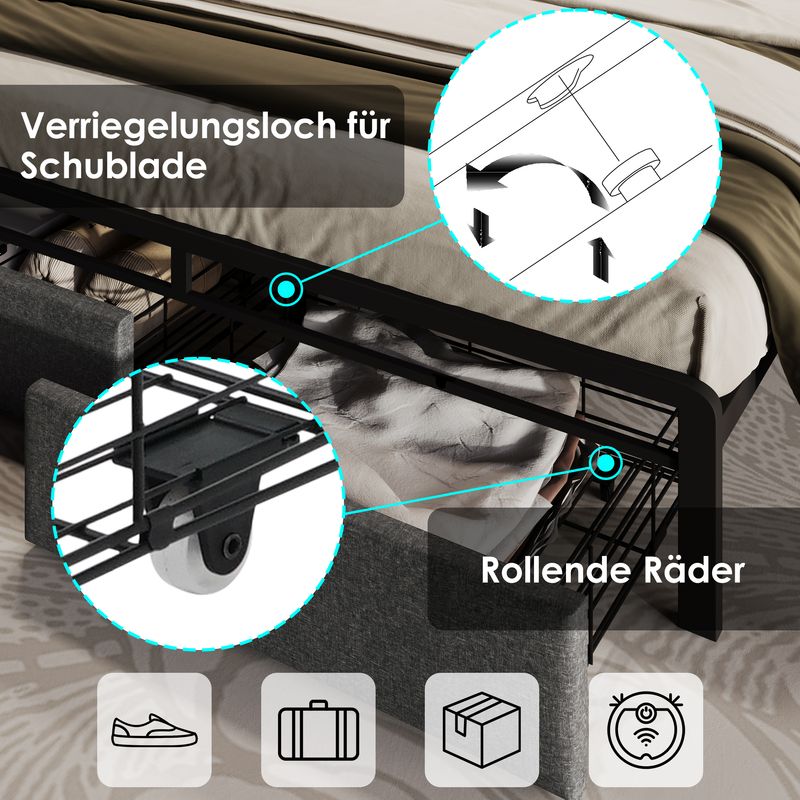 Lit double 140 x 200 cm avec chargement USB Type-C, tête de lit avec rangement, éclairage LED et tiroirs, gris (matelas inclus)_voghion.com