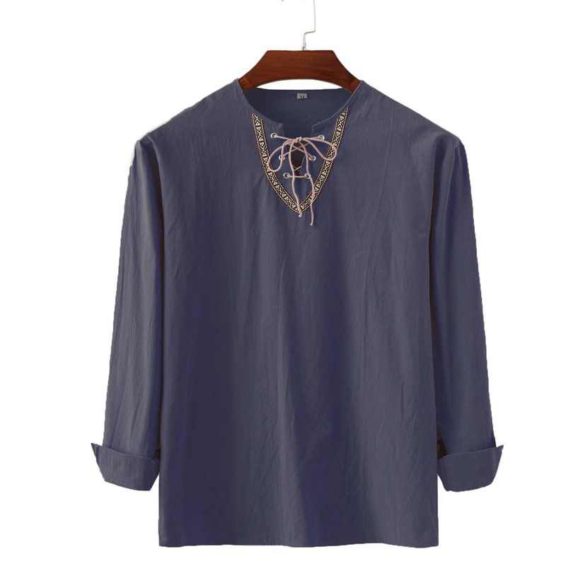 Camicia da uomo in lino e cotone a maniche lunghe con collo alto, nuova primavera e autunno 2025, tinta unita e ampia, con coulisse_voghion.com