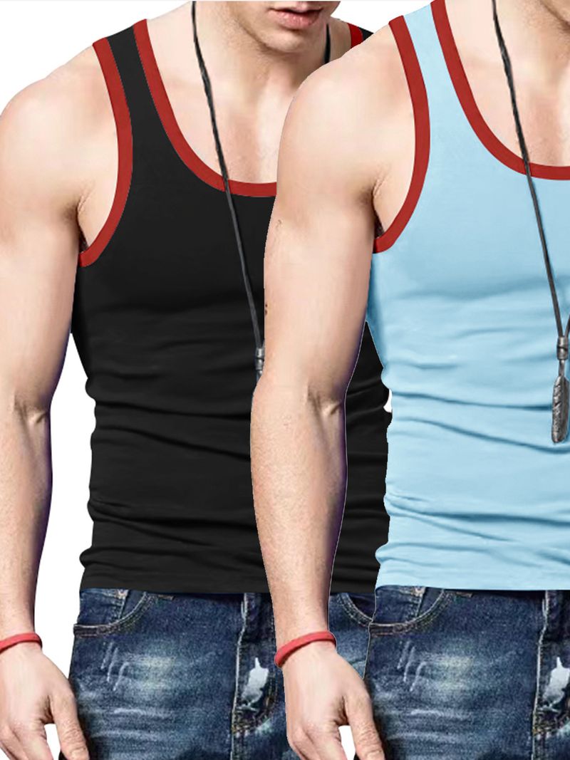 24 Cross-border Summer Men's Vest Ice Silk Solid Color New Sleeveless Breathable Tight Casual Sports Vest 2-piece Set_voghion.com