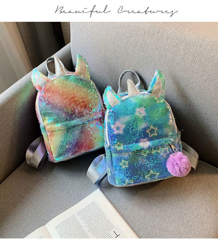 Women's bag new fashion colorful cool children's parent-child fur ball cute unicorn girl sequined backpack female_voghion.com