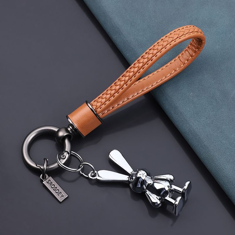 Porte-clés de voiture en cuir de vache, petit lapin, pendentif tridimensionnel, dessin animé, mignon, pour femme, personnalité, couple, sac_voghion.com