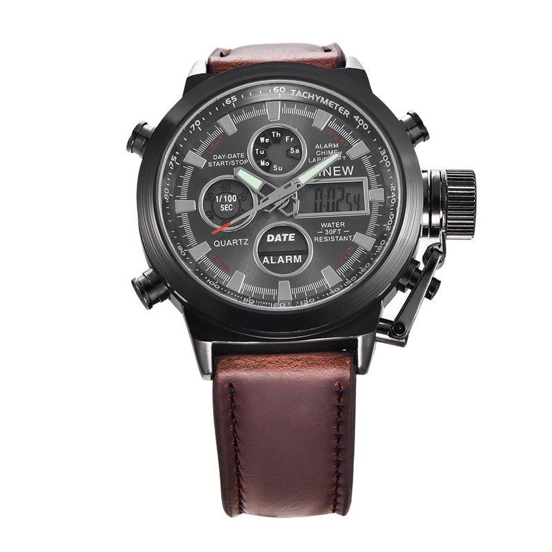 Sportliche digitale Analoguhr für Herren mit LED-Hintergrundbeleuchtung, Alarm, Kalender, GMT-Funktion, rundem 45-mm-Zifferblatt, PU-Armband im Sportstil_voghion.com