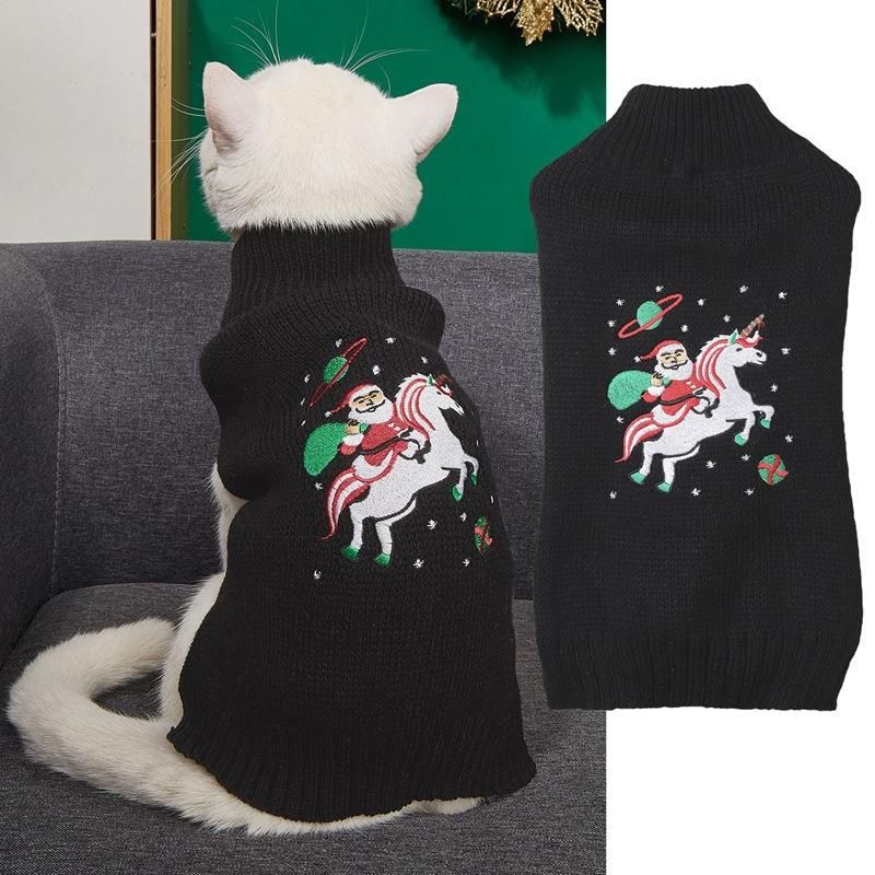 Welpenpullover, mittelhoher Kragen, bestickter Schneemann, Weihnachtsmann, Rentier-Druck, einfarbig, gestrickt, hochelastisch_voghion.com