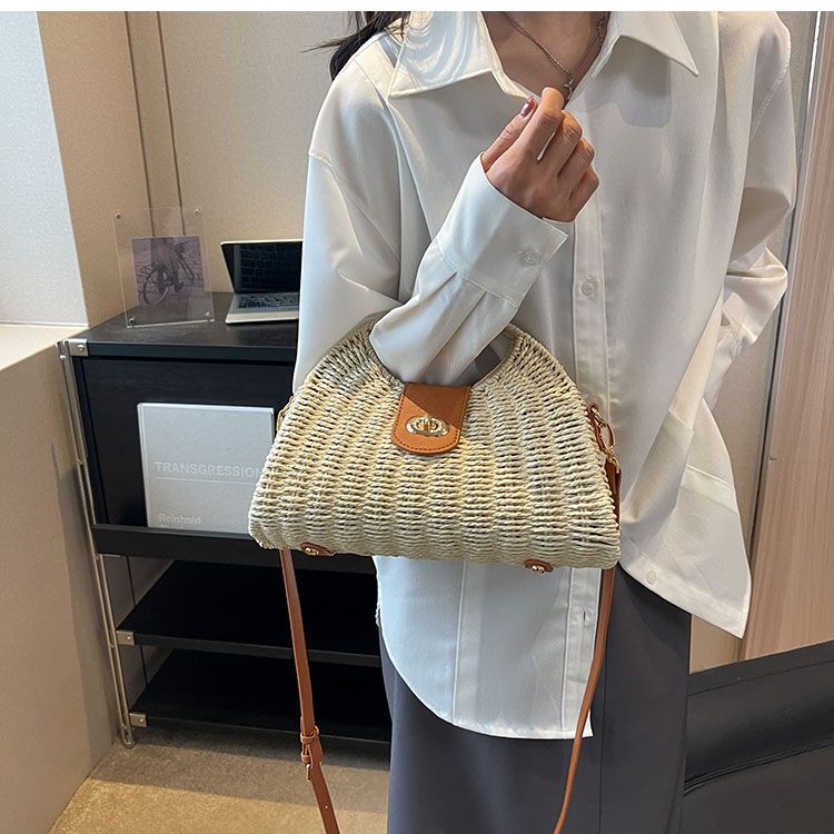 Sommarstråväska för kvinnor liten vävd handgjord design handväska damtote semester strand rotting fritid axelväska_voghion.com