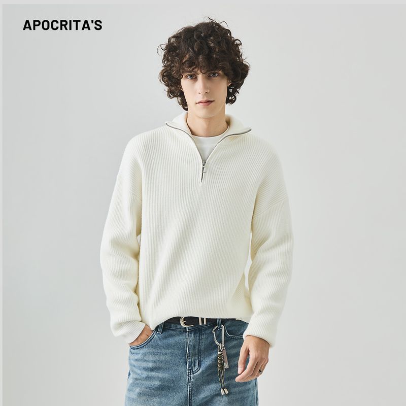 APO Kleidung | Herren Rollkragenpullover im Old Money Style Koreanische Version Lockerer Halbreißverschluss Langarm Strickoberteil Herbst_voghion.com