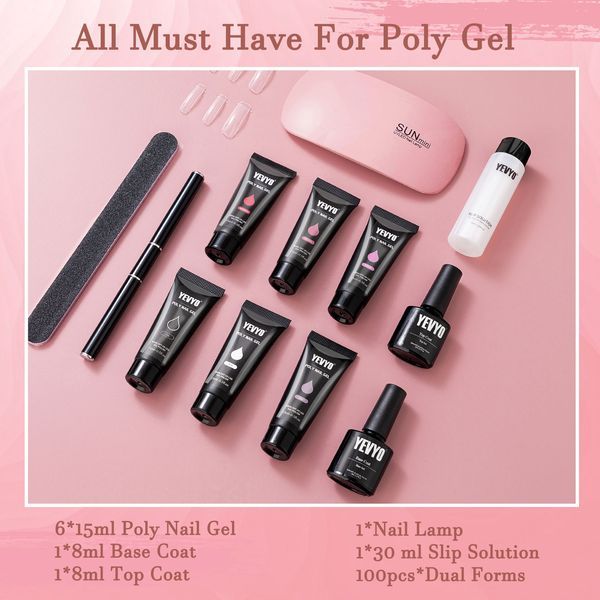 Poly Gel Nail Kit, Poly Nail Gel Kit With UV Lamp For Beginners With Everything, Gel Extension Nail Kit With Slip Solution_voghion.com
