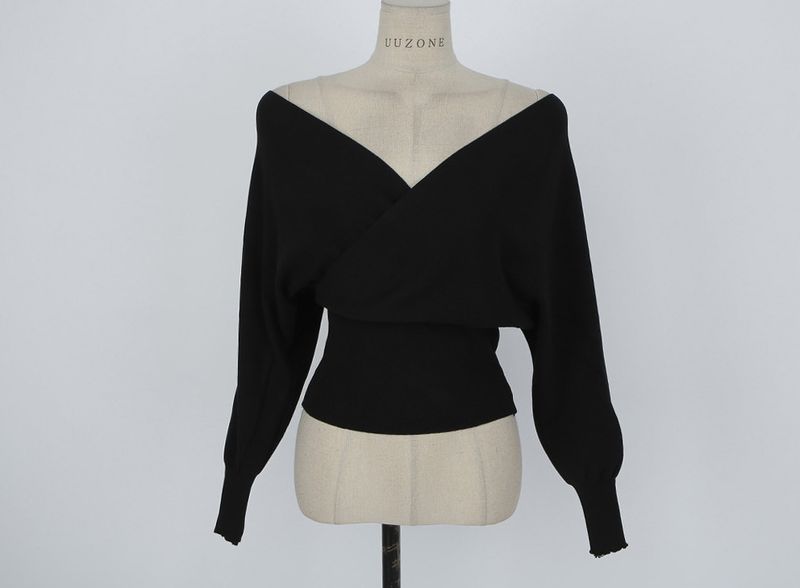 2025 Stile coreano Autunno Inverno Nuovo Maniche a pipistrello Scollo a V profondo Sexy Top senza schienale Maglia di base_voghion.com
