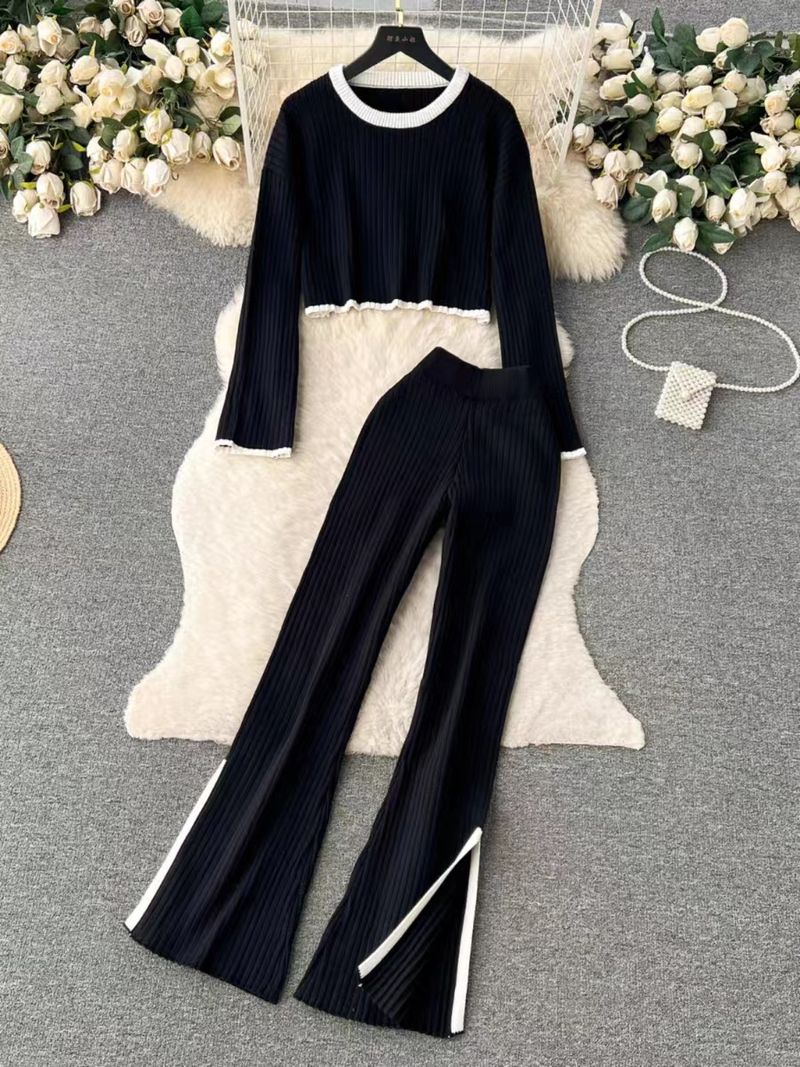 Autumn Winter 2 Pieces Women's Oufit Sets Knitted Tracksuit O-Neck Sweater And Wide Leg Jogging Pants Female Suits_voghion.com