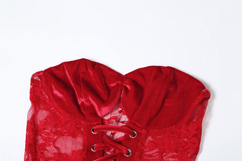 Abito aderente invernale sexy in pizzo senza spalline - Abito lungo senza maniche con fasciatura, rete trasparente e vita alta (rosso, S/M/L)_voghion.com