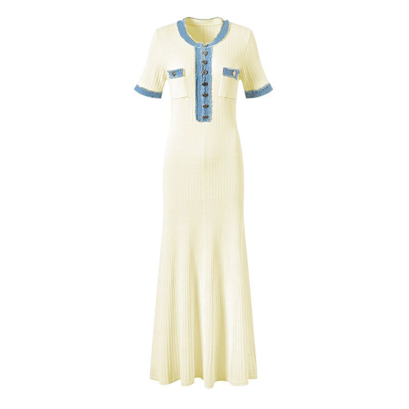 Vêtements pour femmes été denim épissage contraste couleur robe tricotée taille mince jupe longue pour femmes_voghion.com