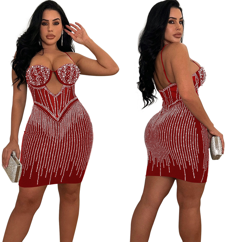 Einfarbiges Damen-Mesh-Strasskleid mit Hosenträgern, Neujahrsabendkleid_voghion.com