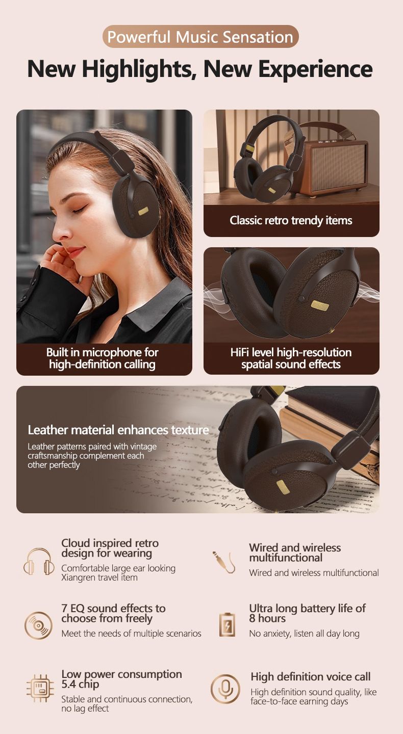 Cuffie Bluetooth Vintage M12 – Cuffie wireless over-ear con Bluetooth 5.4, latenza ultra bassa, suono Hi-Fi, riproduzione di schede TF e modalità EQ_voghion.com