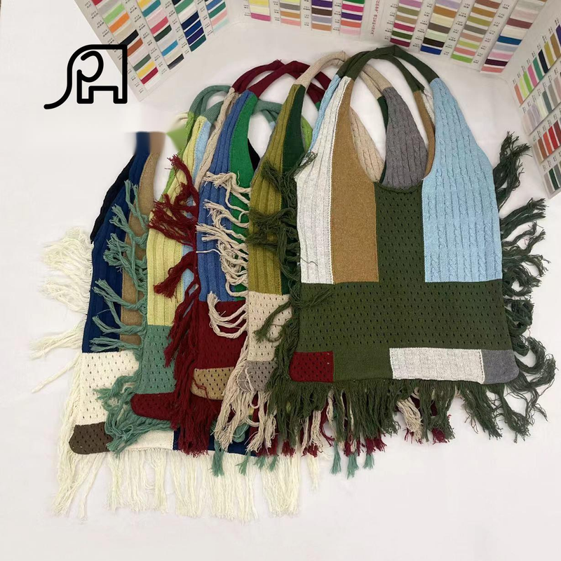 New Cross Border Tassel Women's Splicing Knitted Handheld Shoulder Bag Hot Selling Simple And Versatile Retro Knitted Bag_voghion.com