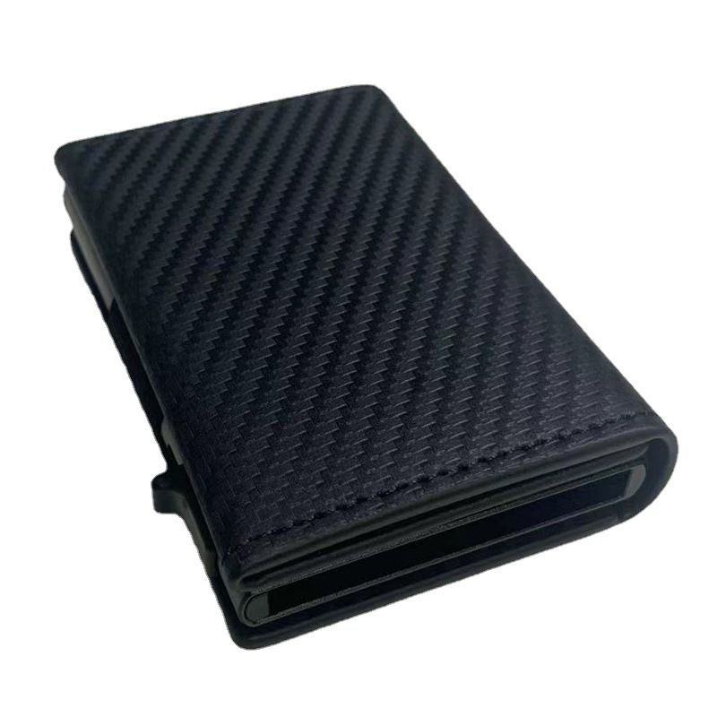 Genuine Leather Airtag Holder RFID Carbon Fiber Pattern Wallet Automatic Card Ejection Aluminum Case For Men_voghion.com