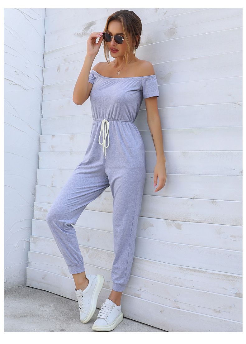 Solid Color One-shoulder Off-shoulder Short-sleeved Sports Jumpsuit_voghion.com