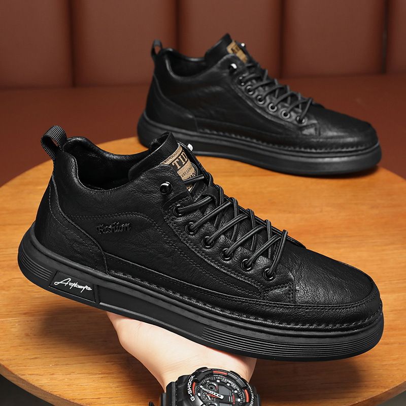 Lente Nieuwe Ademende en Antislip Chef Herenmode Veelzijdige Zwarte Leren Werk Casual Board Schoenen_voghion.com