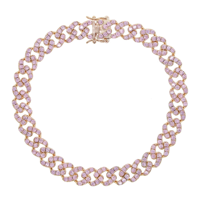 Nuova catena cubana larga 9 mm intarsiata con zirconi bianchi e rosa, gioiello alla caviglia in oro, argento e oro rosa_voghion.com