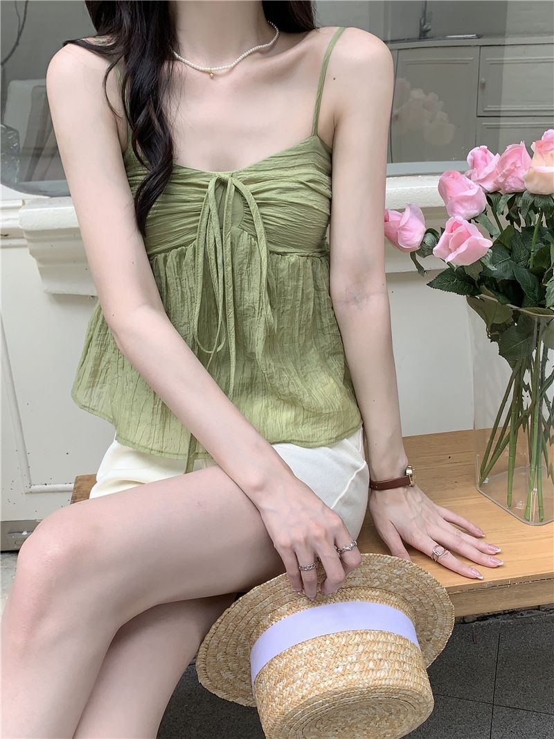 Women's Clothing Pure Color Small Fresh French Suspenders Women's Halter New Sweet Small Vest Outerwear Double Layer Suspenders_voghion.com