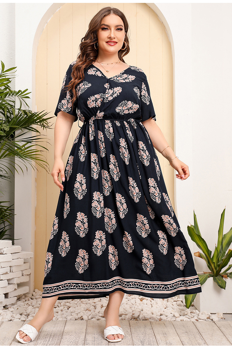 Australia Large Size Women's Loose V Neck Dress High Waist Long Skirt Seaside Holiday Style Beach Skirt_voghion.com