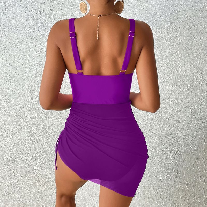 Maillot de bain une pièce pour femme, col en V, maille épissée, cordon de serrage latéral_voghion.com