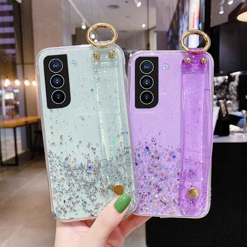Bling Glitter Polsband Standhouder Case Voor Samsung S24 Ultra S23 S22 Plus S21 S20 FE A14 A54 a53 A23 A52 Soft Clear_voghion.com
