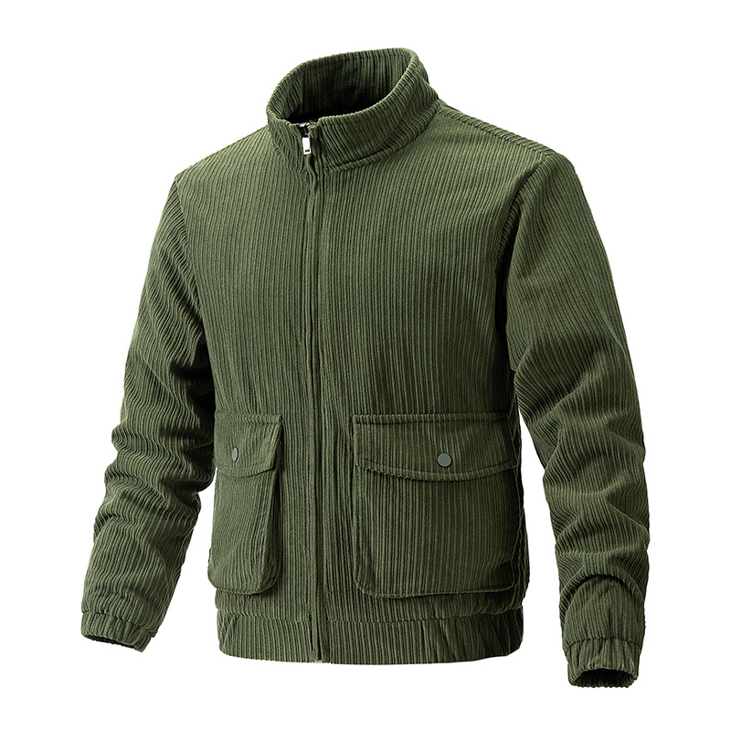 New autumn and winter corduroy with solid standing collar, three-dimensional pocket, casual men's jacket_voghion.com