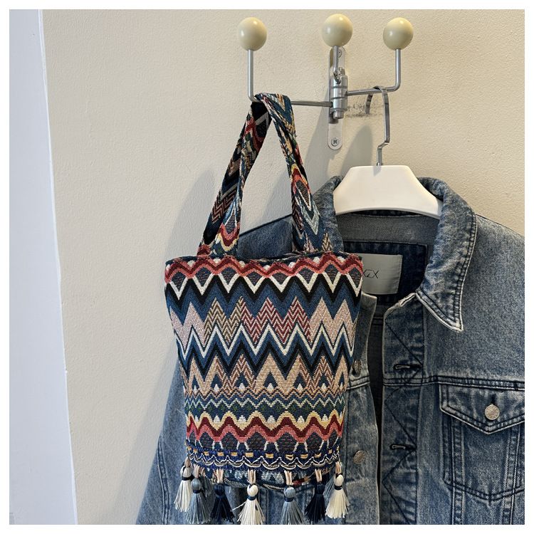 Borsa a secchiello da donna, elegante e semplice, con nappa, borsa a tracolla etnica, borsa per il tempo libero da donna, borsa a secchiello da donna_voghion.com